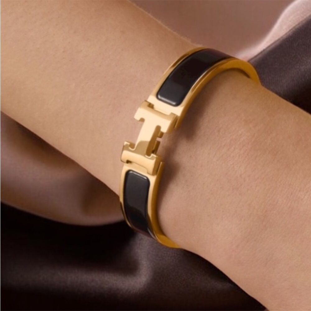 18K Gold over brass and Black enamel Women's H Bracelet